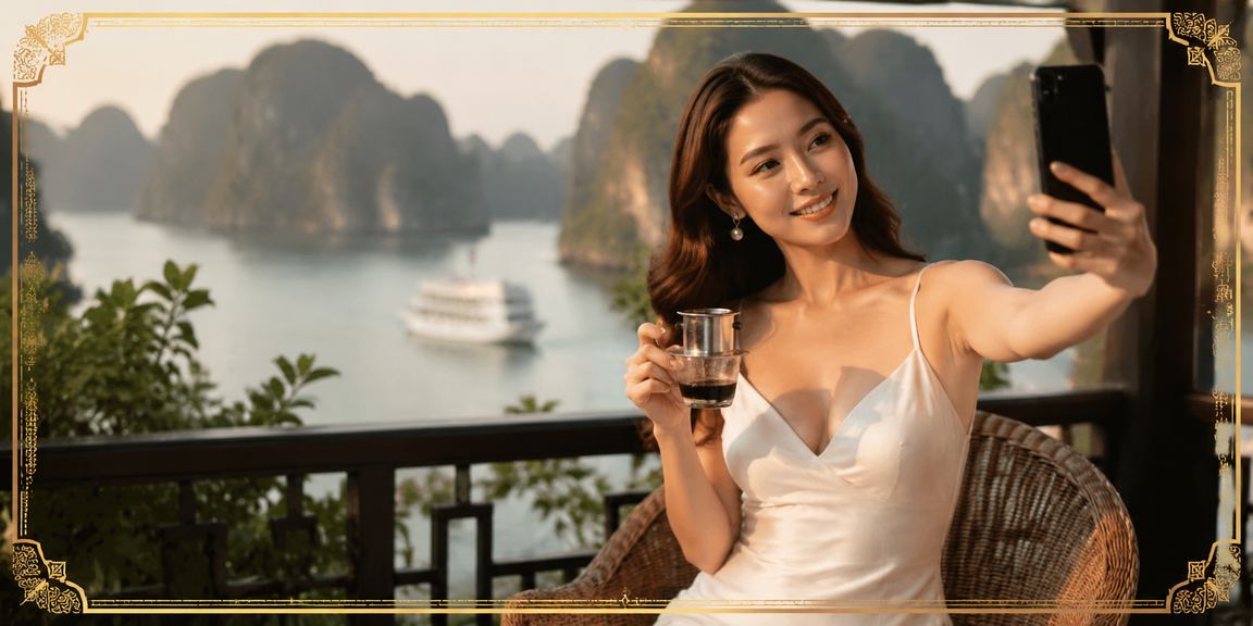 Người dùng thư giãn bên vịnh Hạ Long với tách cà phê và điện thoại, tận hưởng giải trí có trách nhiệm