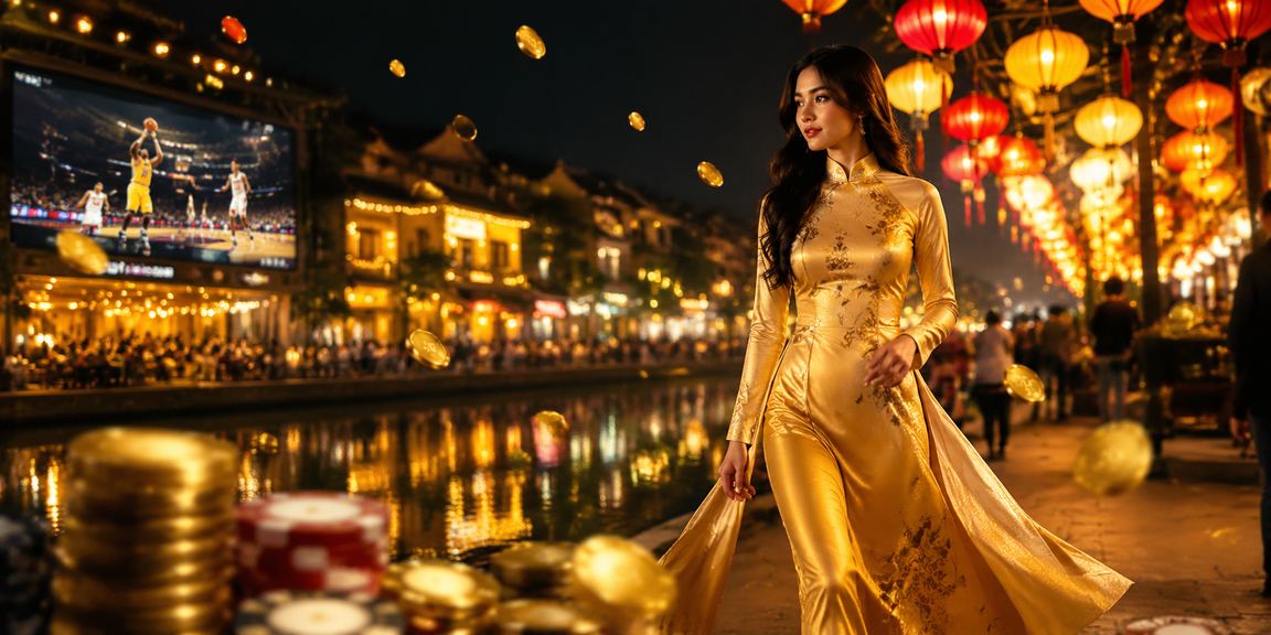 Cô gái mặc áo dài tại Hà Nội theo dõi kèo bóng rổ và nhận thưởng thể thao qua điện thoại thông minh
